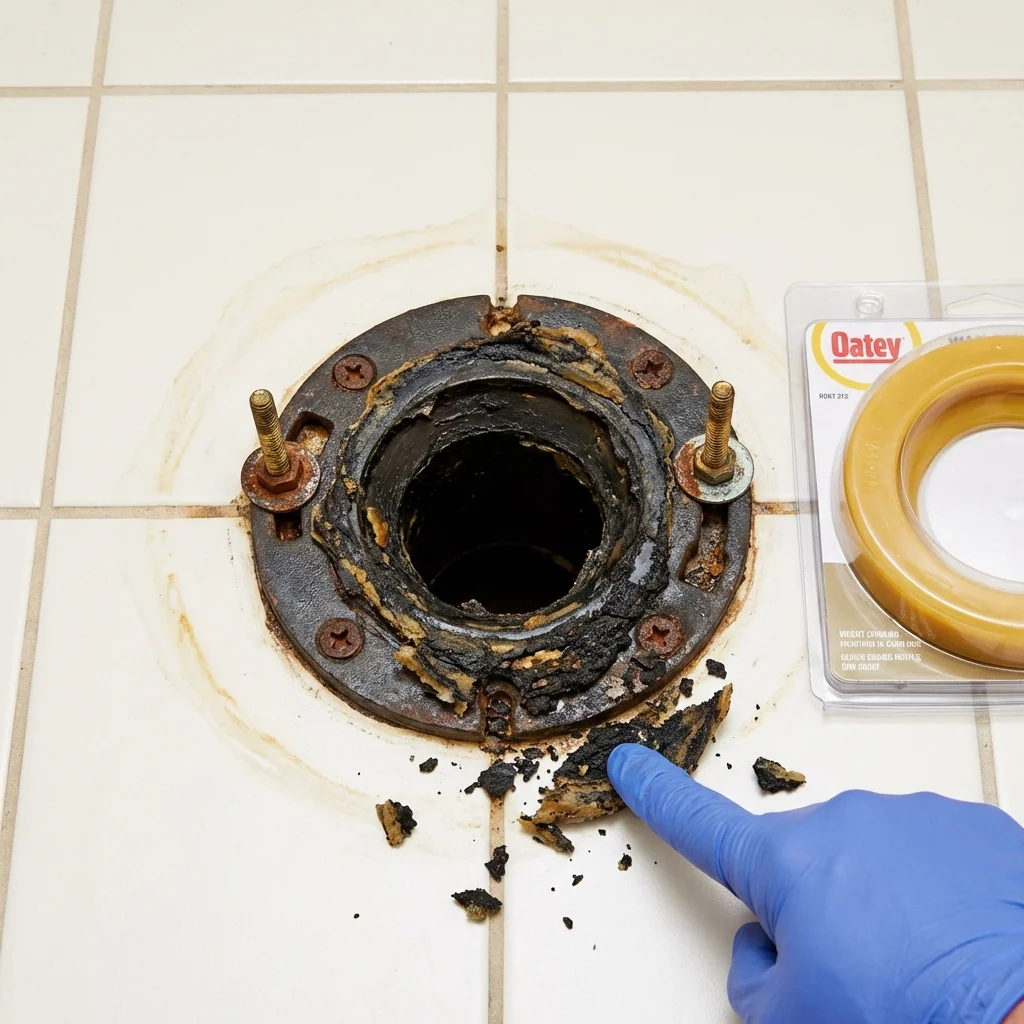 Failed wax ring showing water seepage at the base of a toilet in a Salem, MA home